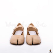 WoodChuckSato Beige Tabi Split-Toe-Mary-Jane-Schuhe aus Schafsleder für Damen und Herren mit 3 cm Absatz und verstellbarem Riemen, Größen EU 35–41