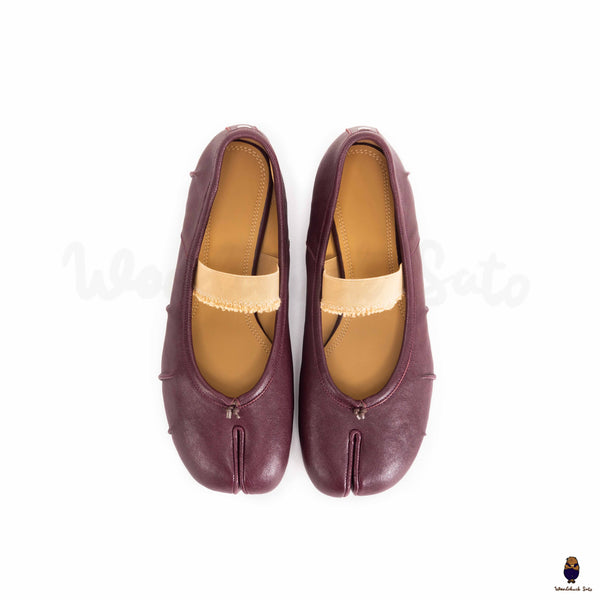 WoodchuckSato Women's men's burgundy leather Tabi Ballerinas with "distressed" effect elastic band sizes from 35-45