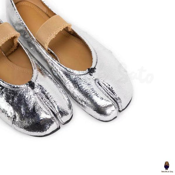 WoodchuckSato Women's men's cracked silver leather Tabi Ballerinas with "distressed" effect elastic band sizes from 35-45