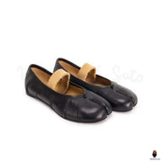 WoodChuckSato Damen- und Herren-Ballerinas Tabi Split-Toe „Distressed“ aus Leder in Schwarz mit elastischem Band, Größen EU 35–45