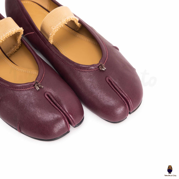 WoodchuckSato Women's men's burgundy leather Tabi Ballerinas with "distressed" effect elastic band sizes from 35-45