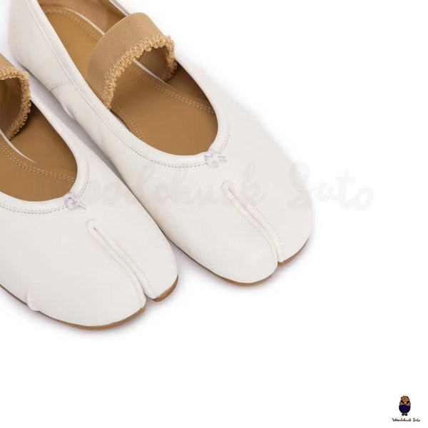 WoodchuckSato Women's men's white leather Tabi Ballerinas with "distressed" effect elastic band sizes from 35-45