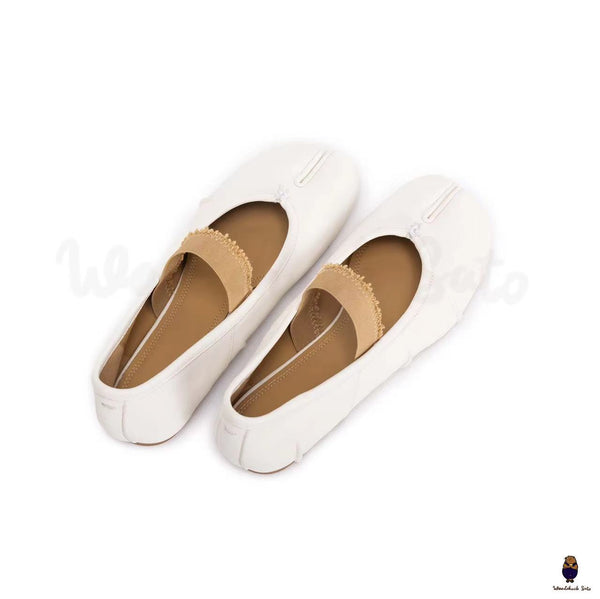 WoodchuckSato Women's men's white leather Tabi Ballerinas with "distressed" effect elastic band sizes from 35-45