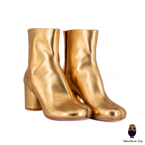 WoodChuckSato Women's Men's Golden Tabi Split-Toe Cow Leather Boots with 8cm Heel Height Sizes EU 35-48