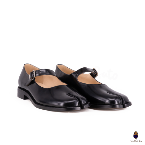 WoodChuckSato Women's Men's Black Tabi Split-Toe Patent Leather Mary Jane Flats with Adjustable Buckle Straps Sizes EU 35-47