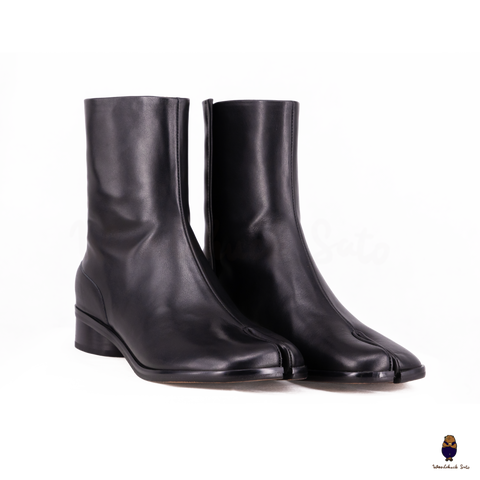 WoodChuckSato Women's Men's Black Tabi Split-Toe Cow Leather Boots with 3cm Heel Height Sizes EU 35-48