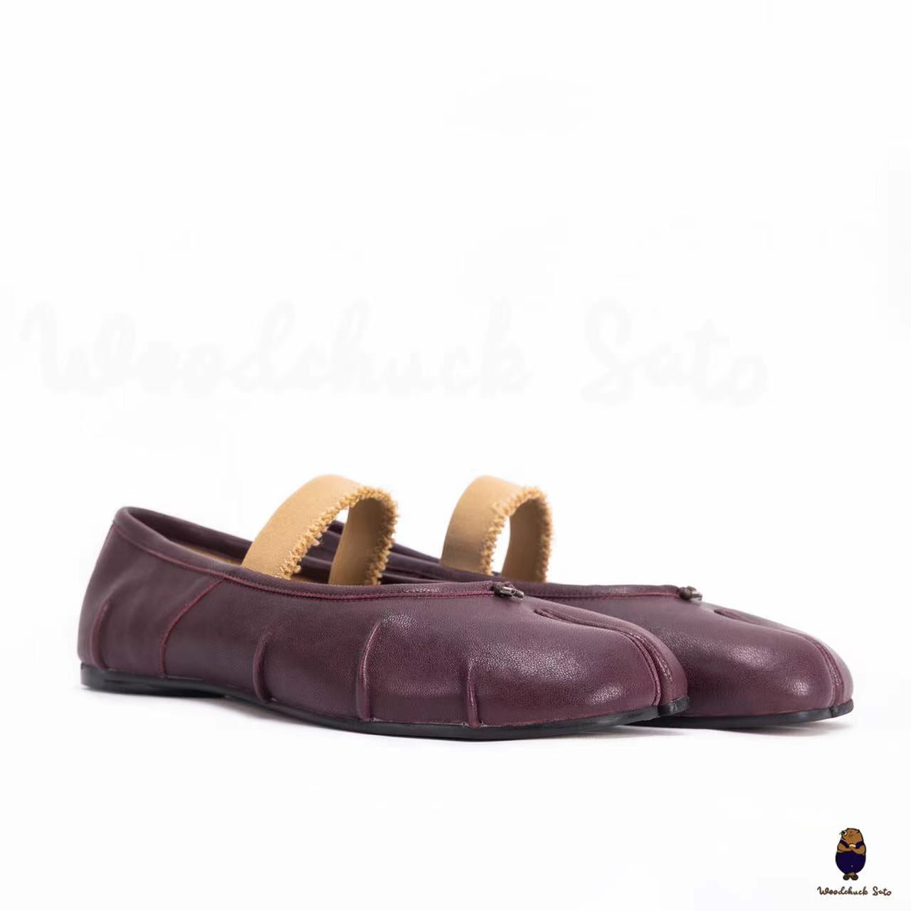 WoodchuckSato Women's men's burgundy leather Tabi Ballerinas with "distressed" effect elastic band sizes from 35-45