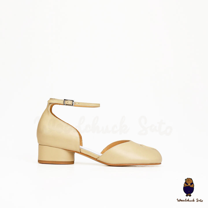 WoodChuckSato Hellbeige Tabi Split-Toe-Sommersandalen aus Rindsleder mit niedrigem Absatz und Knöchelriemenschnalle, Größen EU 35–45